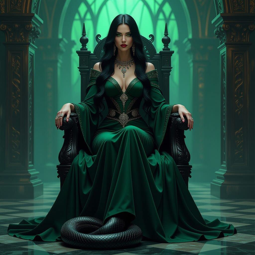Gothic High Priestess on Obsidian Throne in Emerald Palace