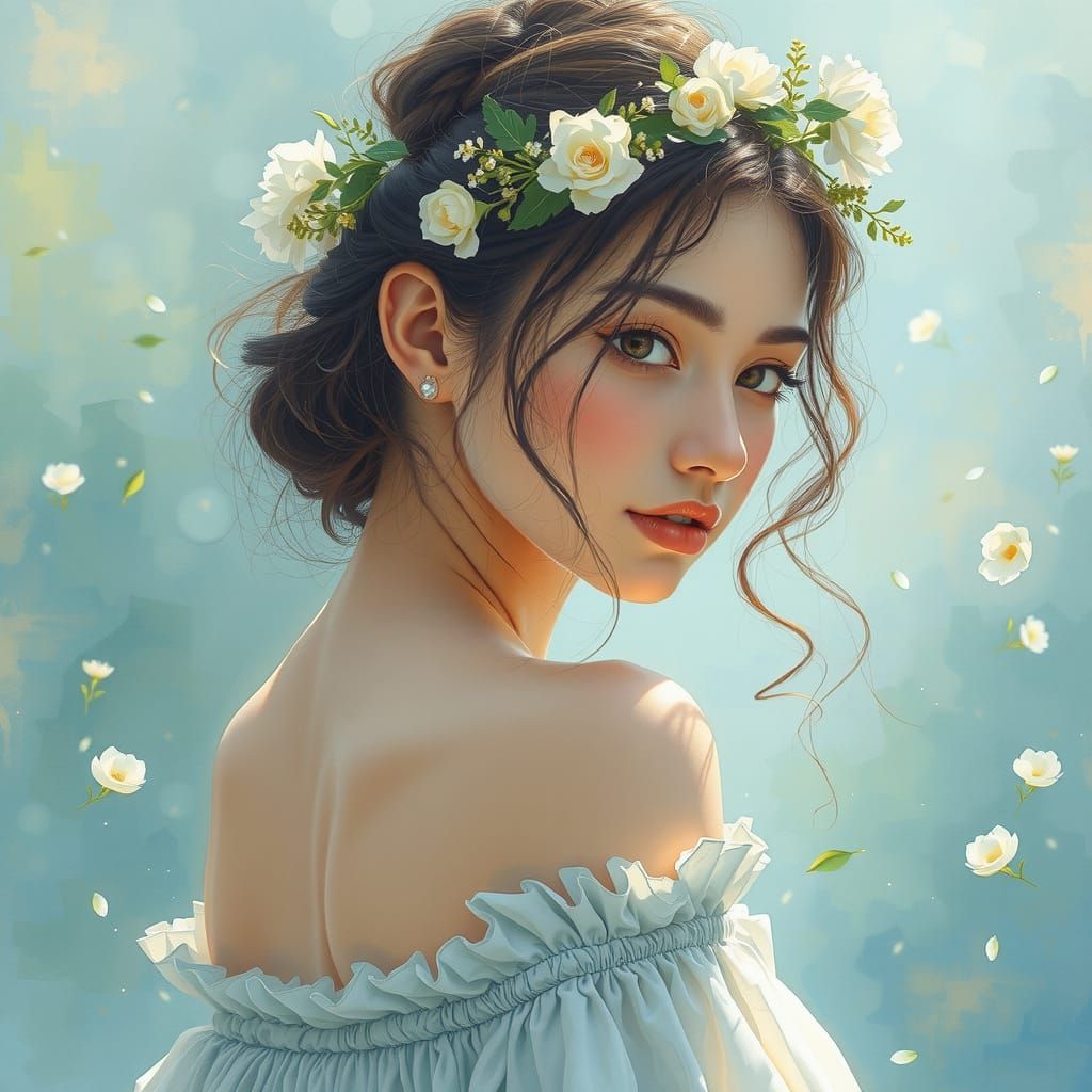 Elegant Woman with Flowers in Romantic Watercolor Style