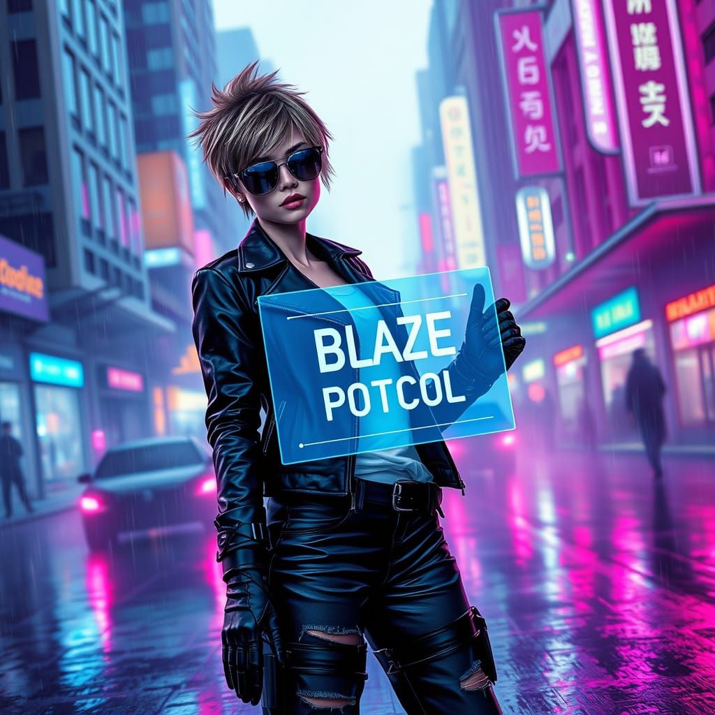 Futuristic Cyberpunk Girl Holds Holographic Display