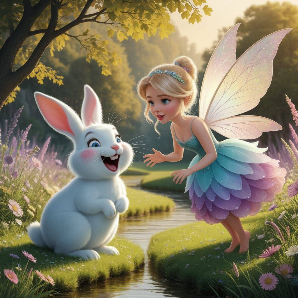 Laughing Rabbit and Fairy in Sunlit Meadow