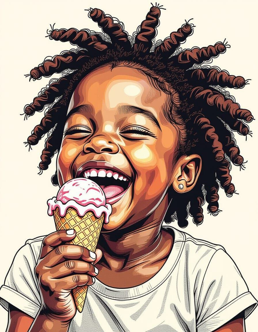 Girl Eating Ice Cream in Mechanical Drafting Style