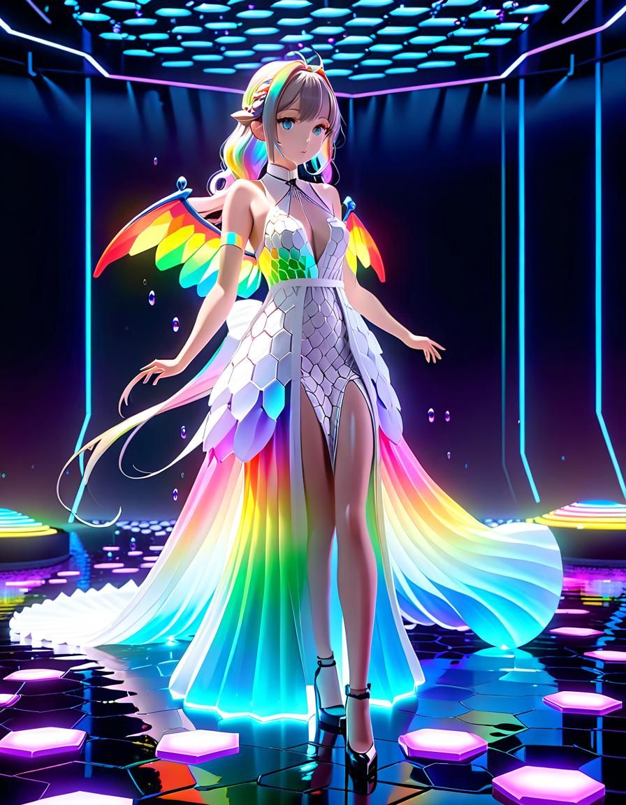 Neon Rainbow Anime Girl in Flowing Dress