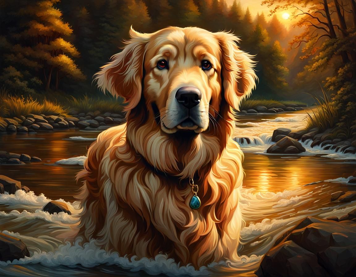 Golden Retriever Portrait at Golden Hour, Detailed Digital P...