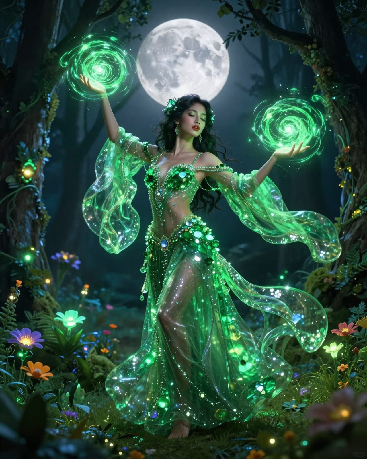 Goddess Dances with Glowing Energy Under Full Moon