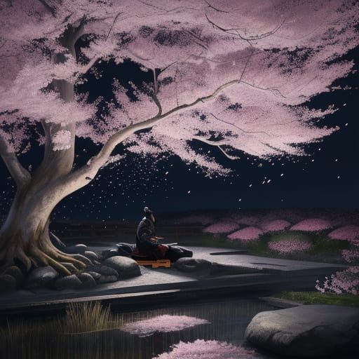 Samurai Meditating Under Cherry Blossoms During Meteor Showe...
