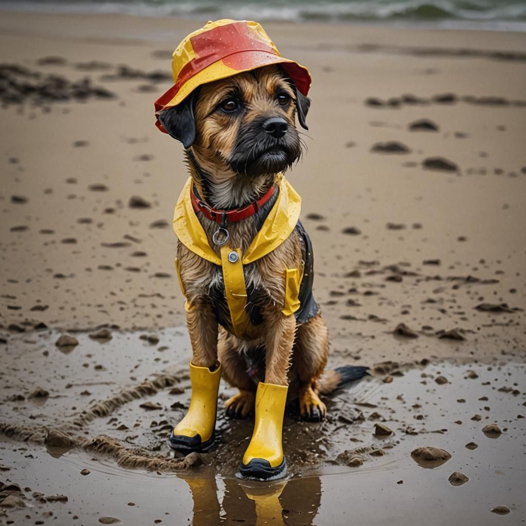 Border Terrier in Rain Gear on the Beach