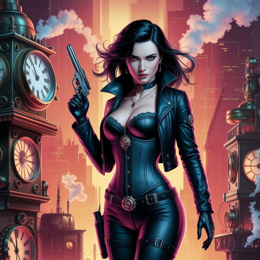 Cyberpunk Steampunk Female Figure in Neon Cityscape