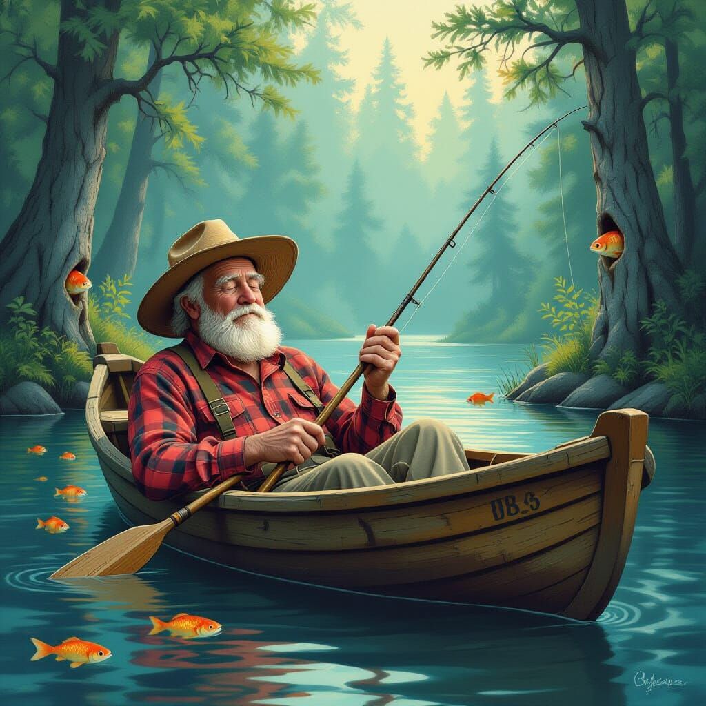 Peaceful Fisherman Napping in Forest Lake