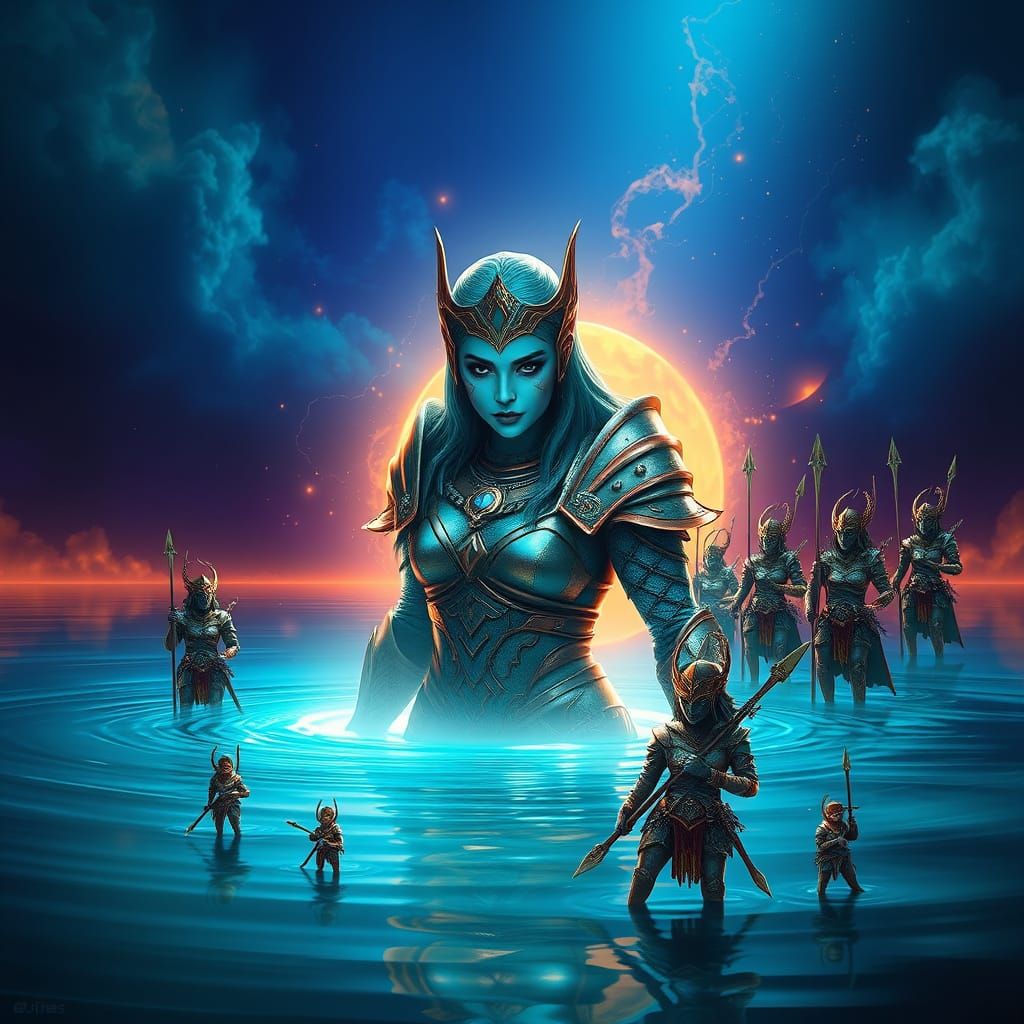 Warrior Woman Emerges from Portal Under Serene Lake in Vibra...