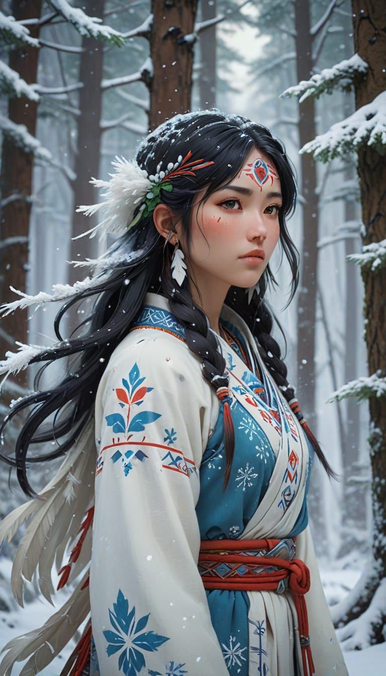 Noble Native American Healer in Winter Wonderland
