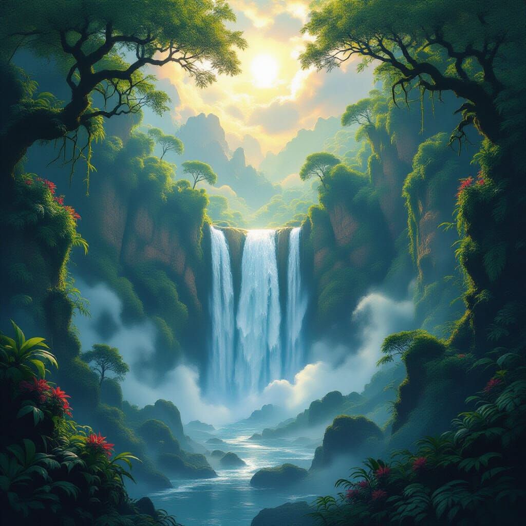 Vast Forest With Celestial Waterfall In Hyperrealistic Digit...