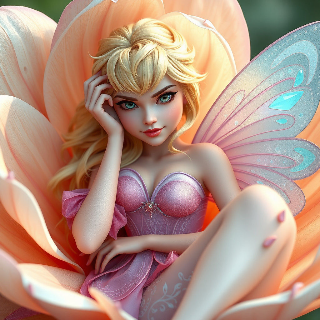 Blonde Fairy Lounging in Flower, Digital Art