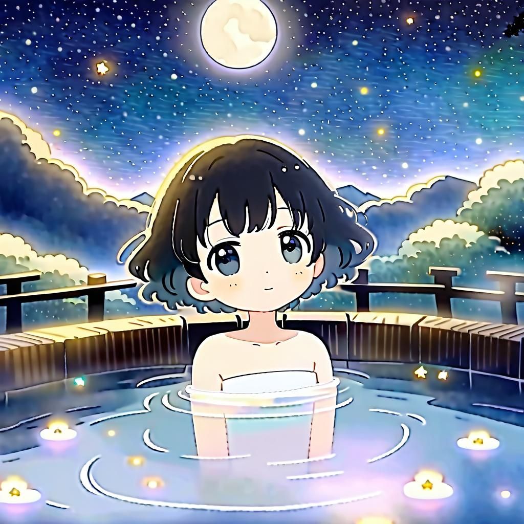 Anime Girl in Onsen Under Full Moon in Watercolor Style