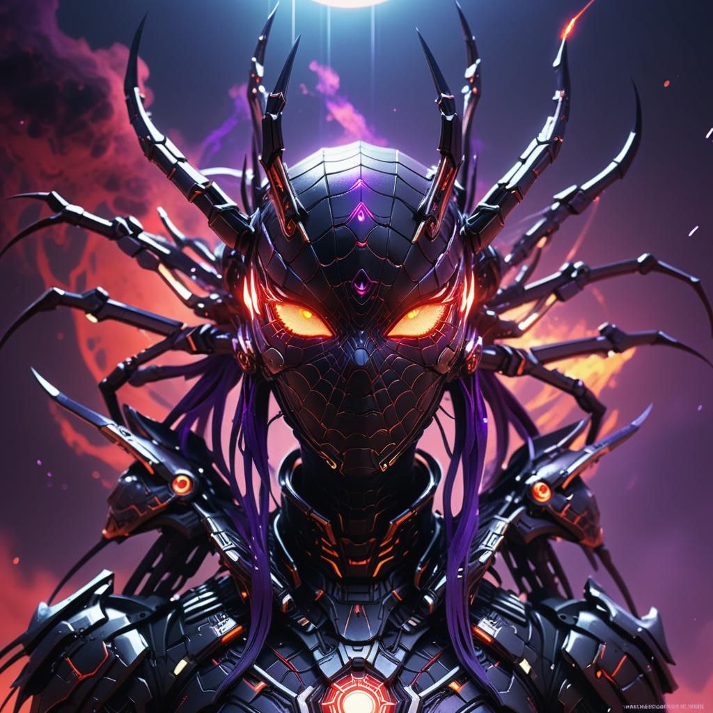 Cyberpunk Interstellar Spider Queen in Red Mist