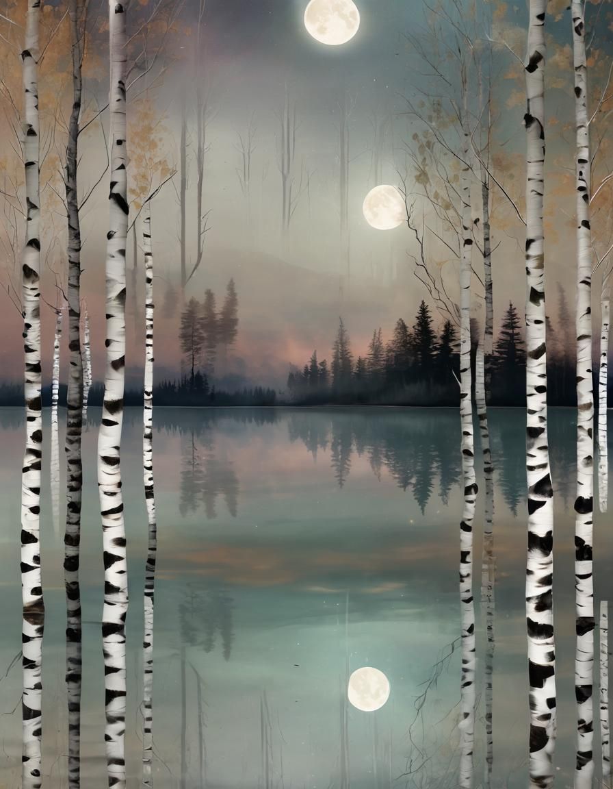 Dreamy Birch Forest Moon Reflection in Alcohol Ink