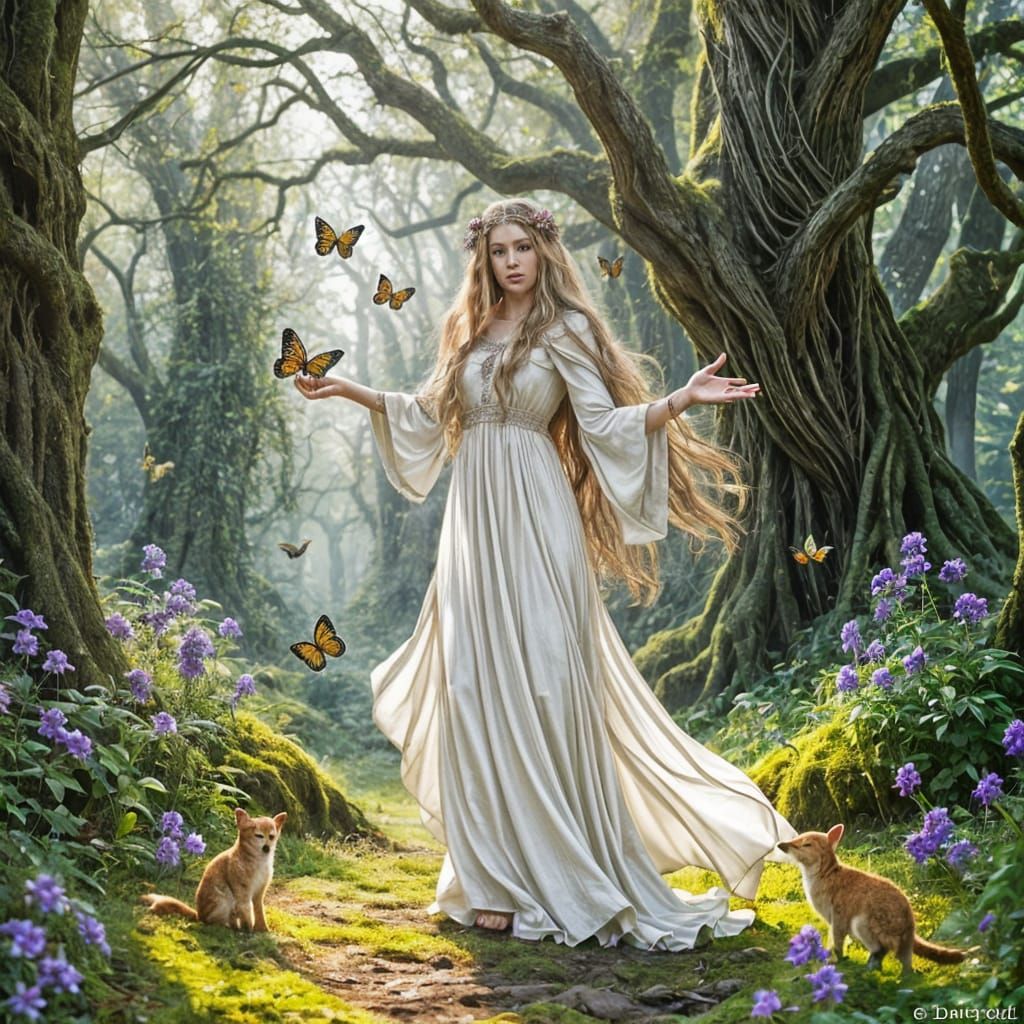 Mystical Woodland Goddess in Whimsical Fantasy Style