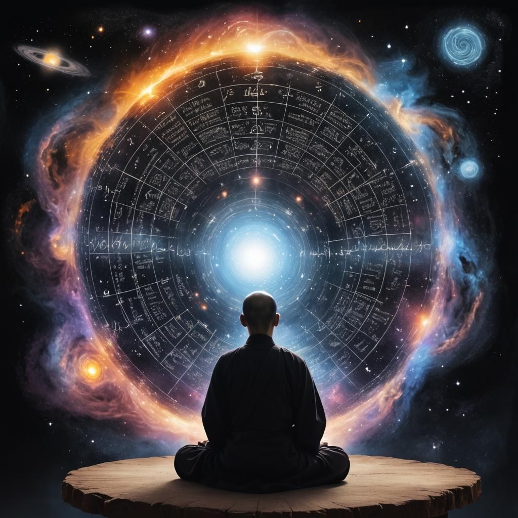 Zen Monk Meditates Before Mathematical Galaxy
