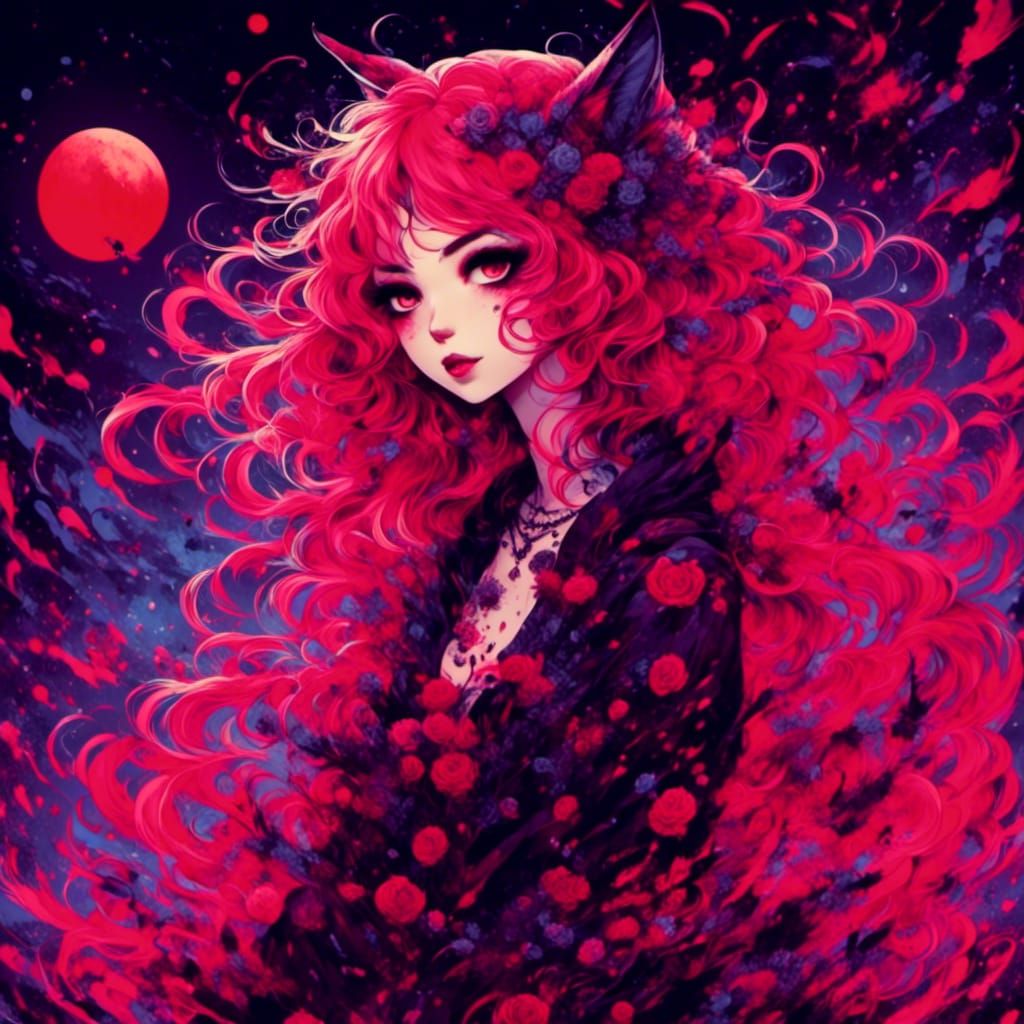 Mythical Kawaii Neko Girl with Crimson Moon in Anime Style