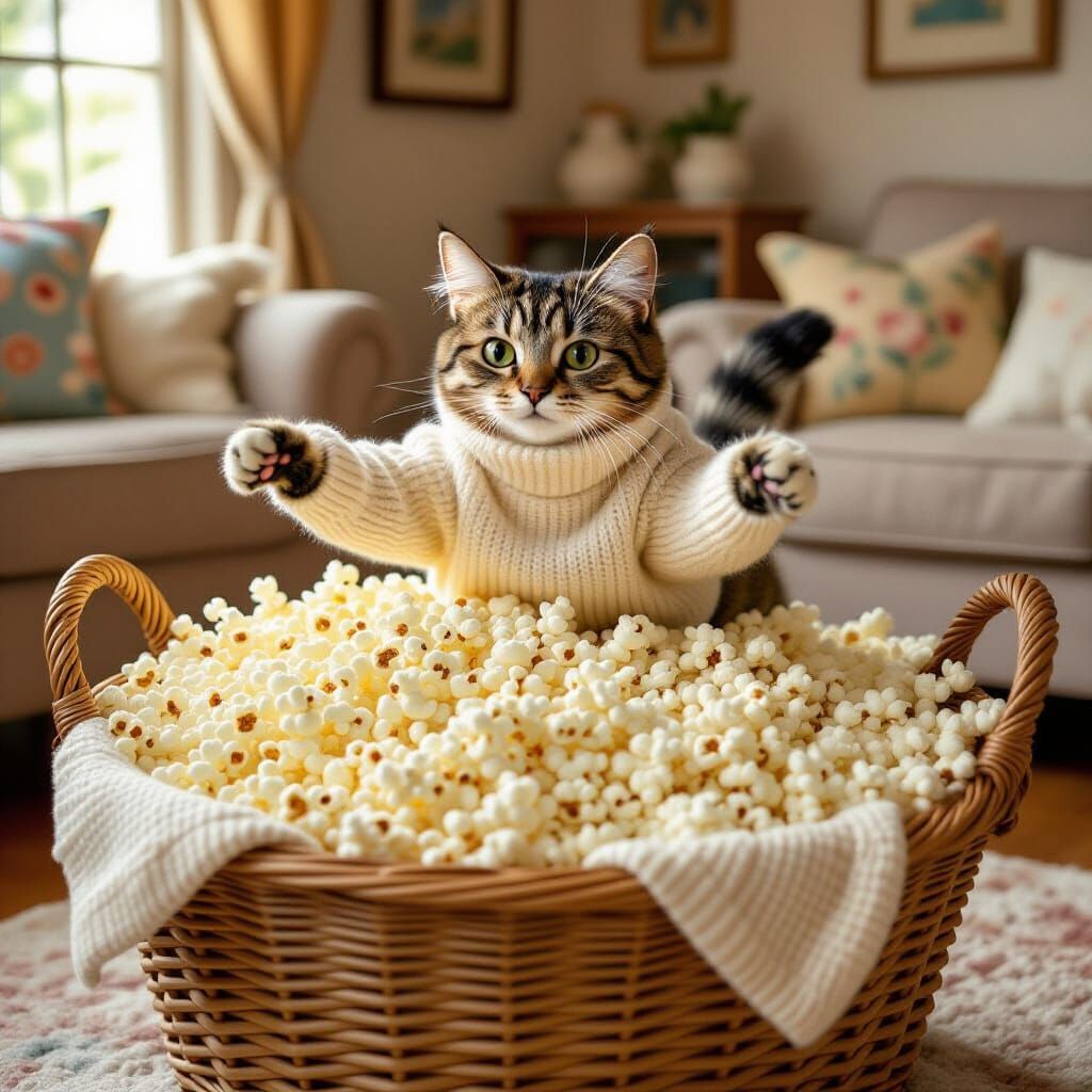 Cat's Popcorn Surprise: Whimsical Art