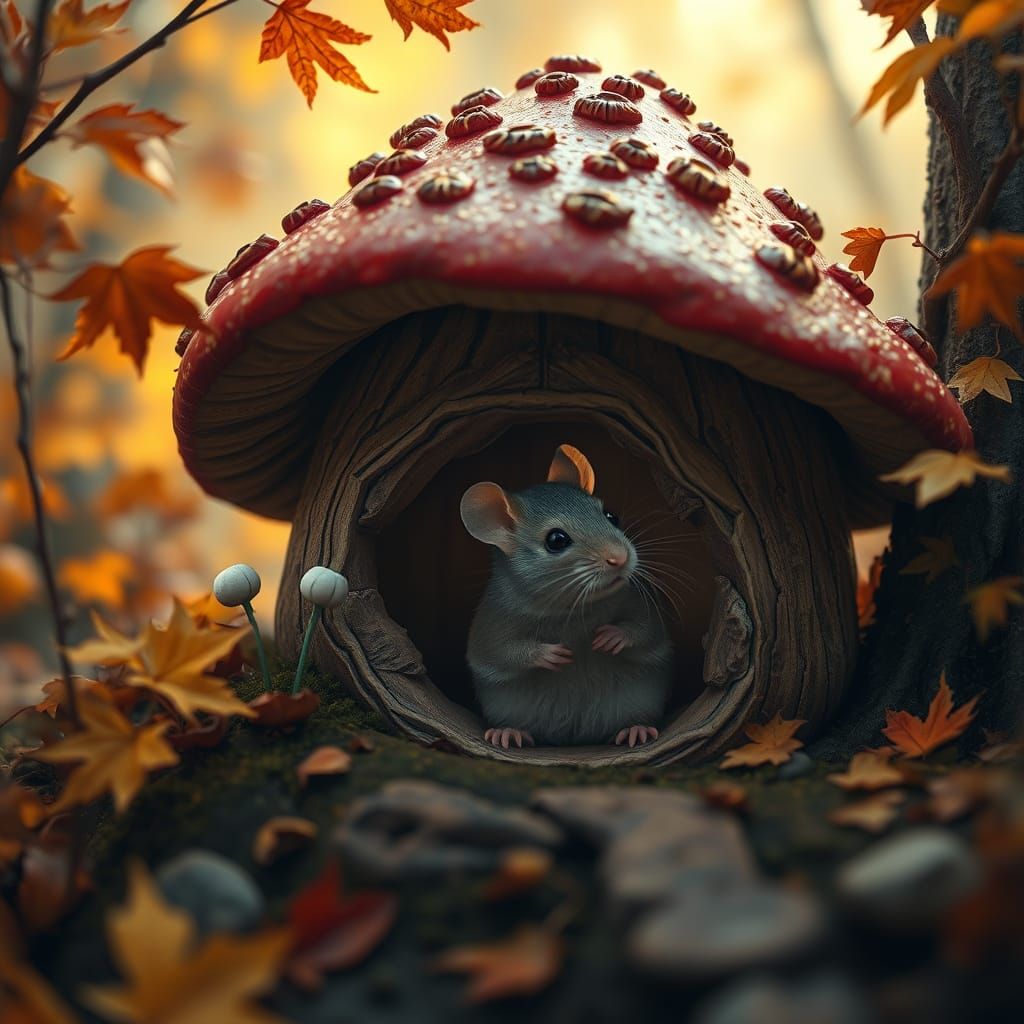 Hyperrealistic Mouse House in Autumn Forest