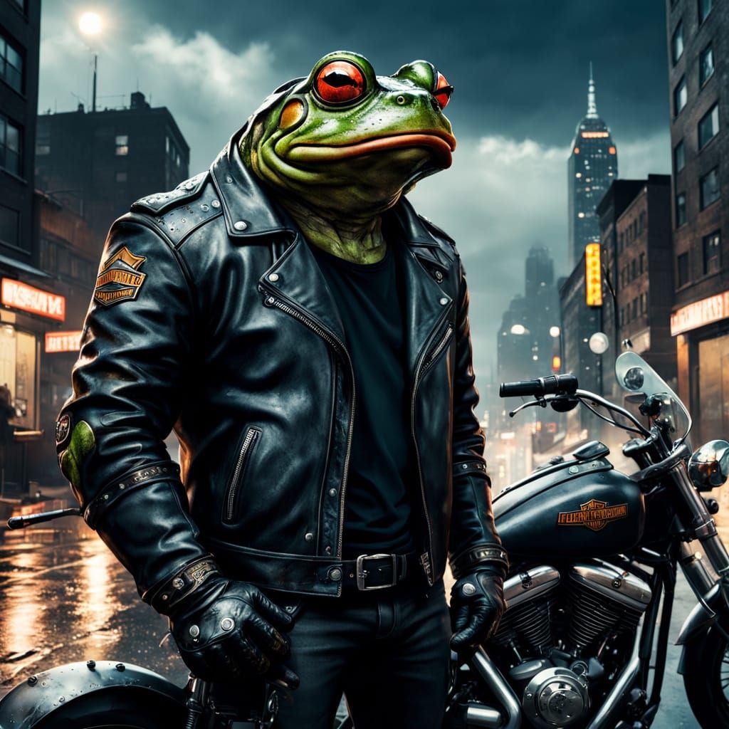 Cyberpunk Bullfrog in Black Leather Jacket Rides City Street...