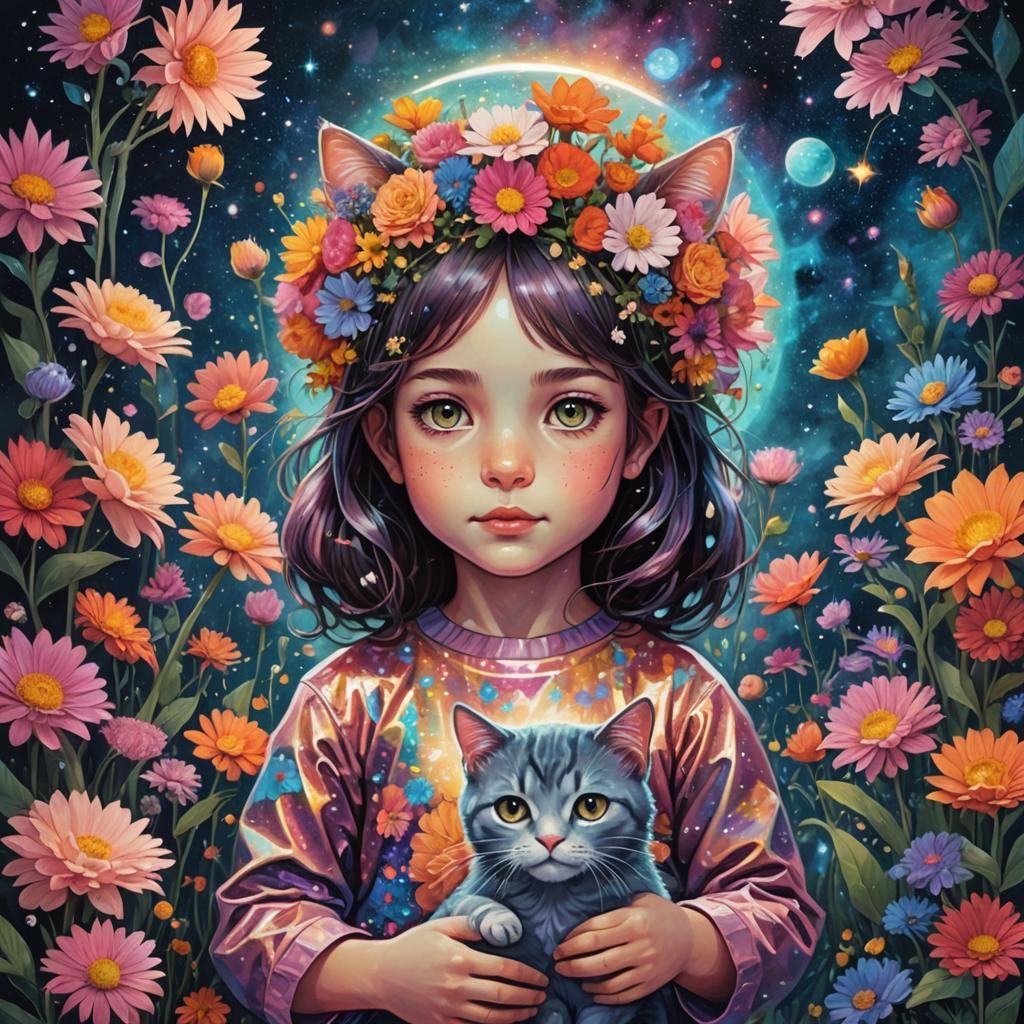 Girl with Flowers and Cat in Astral Illustration