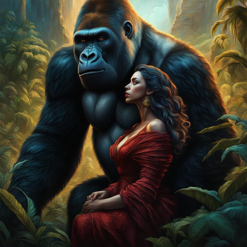 Loving Gorilla and Woman in Detailed Matte Painting