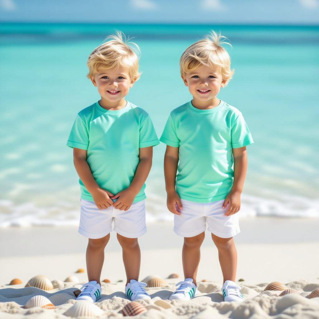 Twin Boys on Beach, Lifelike Digital Painting