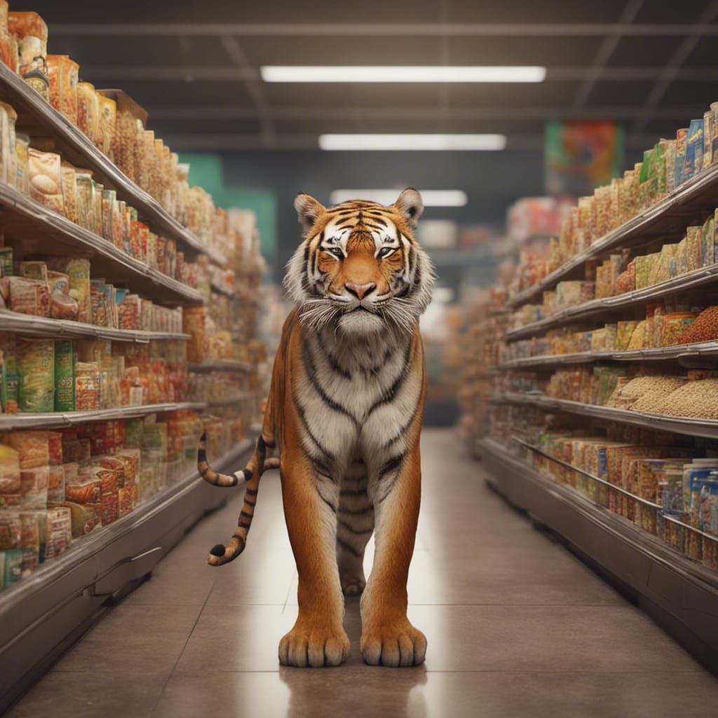 a very  detailed tiger shopping the cereal aisle in a grocer...