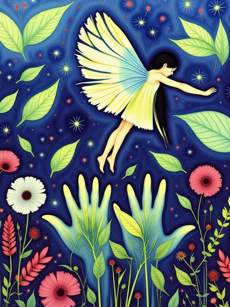 Watercolor Fairy Angel in Flower Field