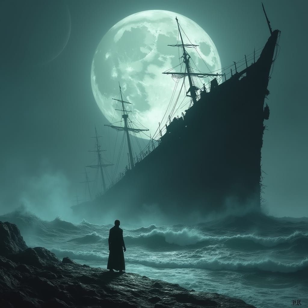 Spectral Shipwreck: Figure Against Storm Moon