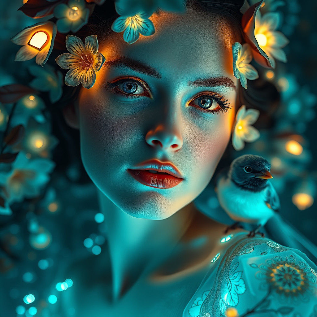 Luminous Woman with Glowing Flowers, Surrealist Portrait