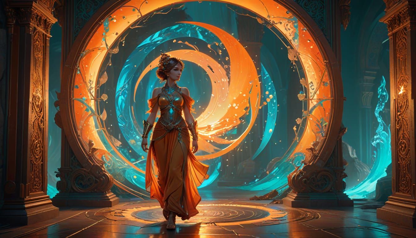 Mystical Traveler at the Threshold of a Shimmering Portal