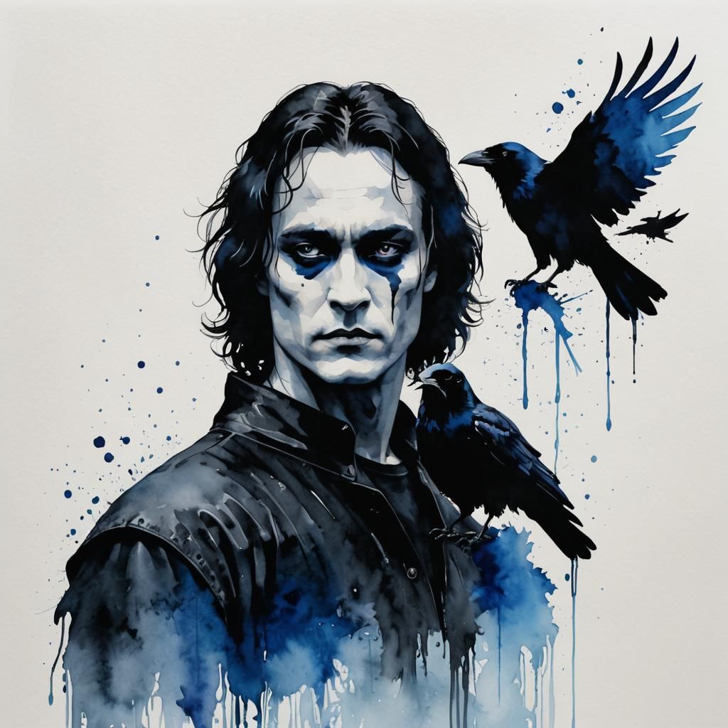 Minimalist Crow Silhouette with Blue Eyes: Watercolor Art