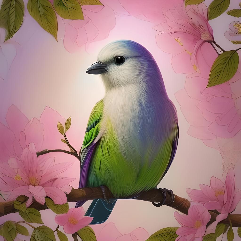 Hyperrealistic Finch in Sunlight on Blossoming Branch