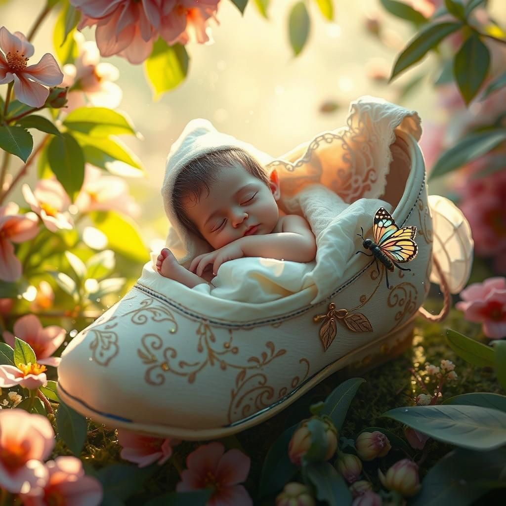 Baby Elf Sleeps in Shoe-Bed in Hyperrealistic Garden