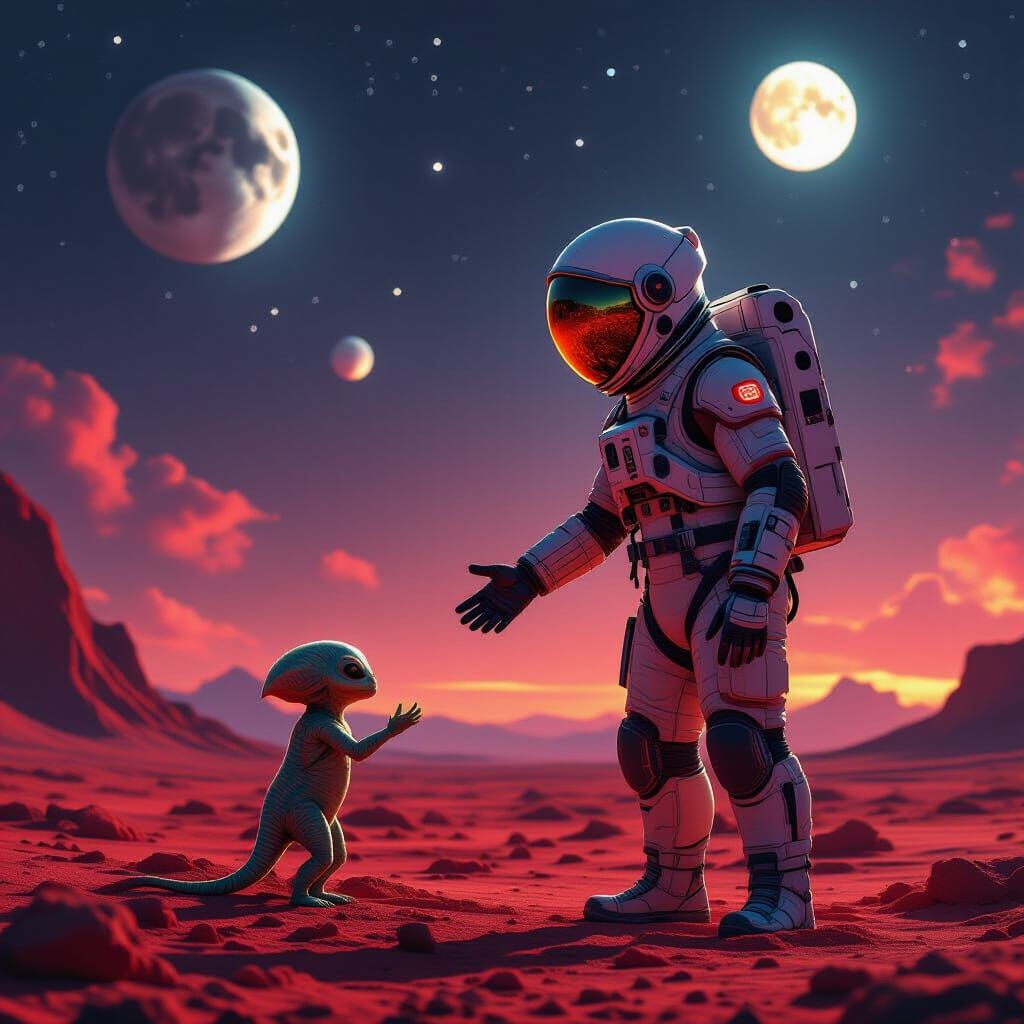 Astronaut Reaches Out to Injured Alien on Crimson Planet