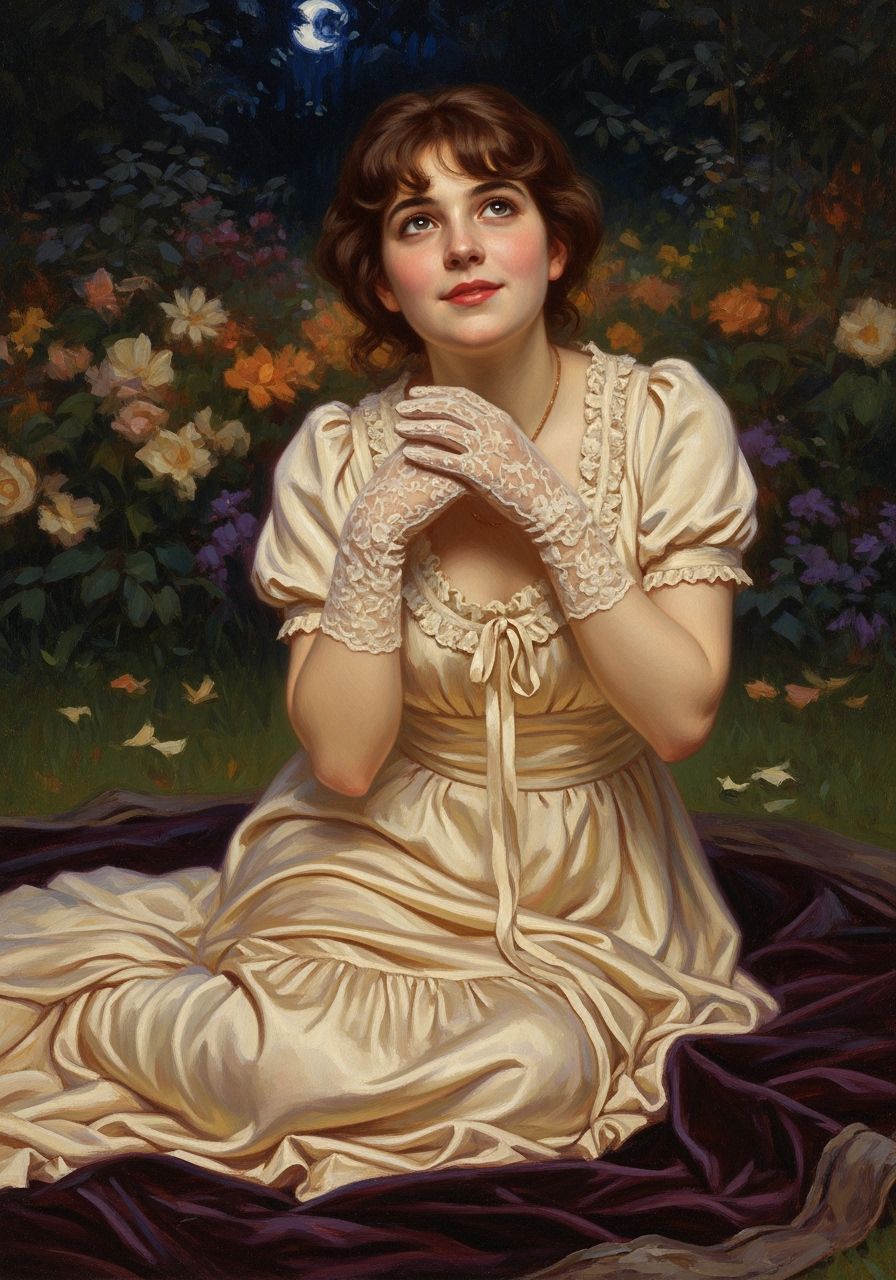 Victorian Woman in Moonlit Garden, Oil on Canvas