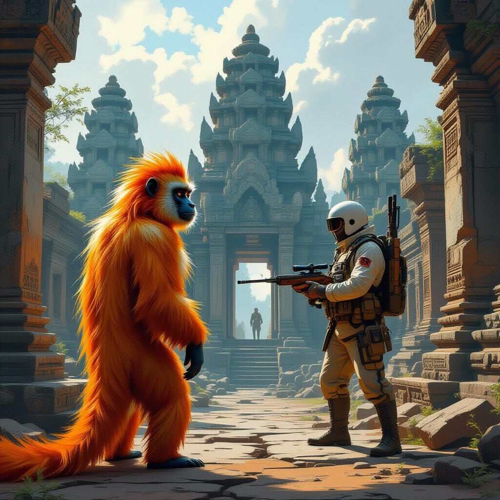 Fierce Monkey Defends Temple Ruins, Dystopian Realism