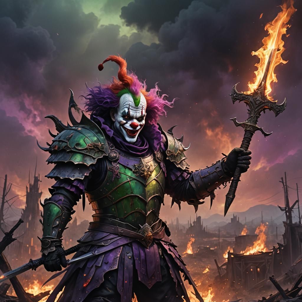 Dark Fantasy Clown Wields Flaming Sword