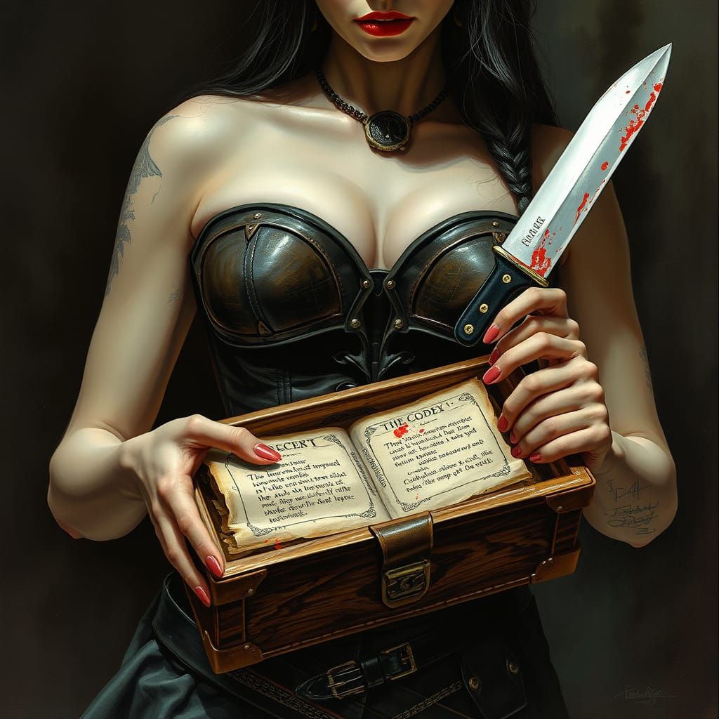Woman with Satchel and Puzzle Box in Fantasy Art Style