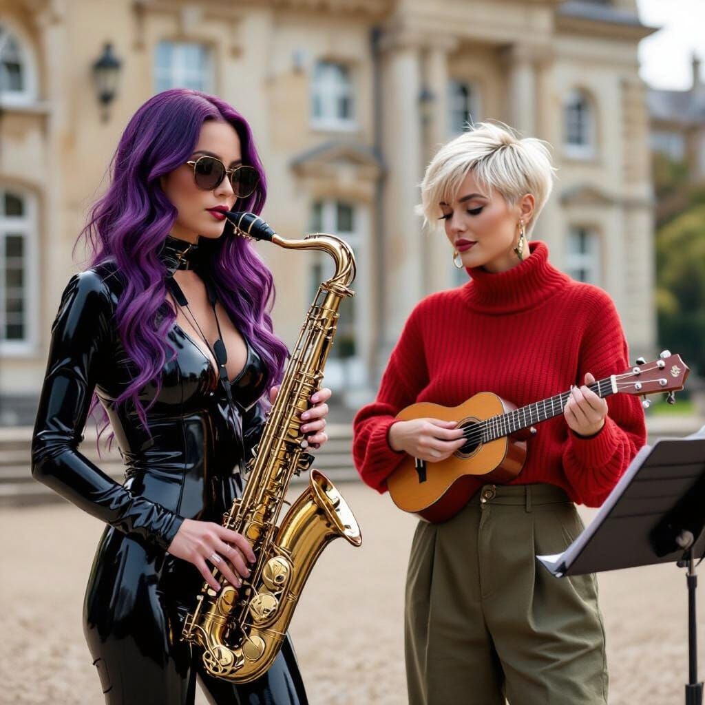 Musicians in English Mansion Playing Saxophone and Ukulele