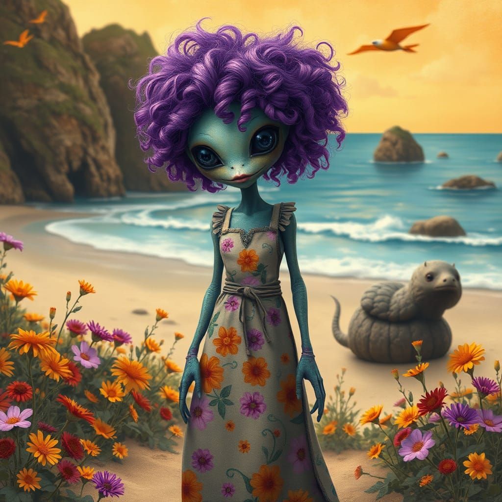 Dreamlike Alien on a Rustic Beach, in Abstract Style