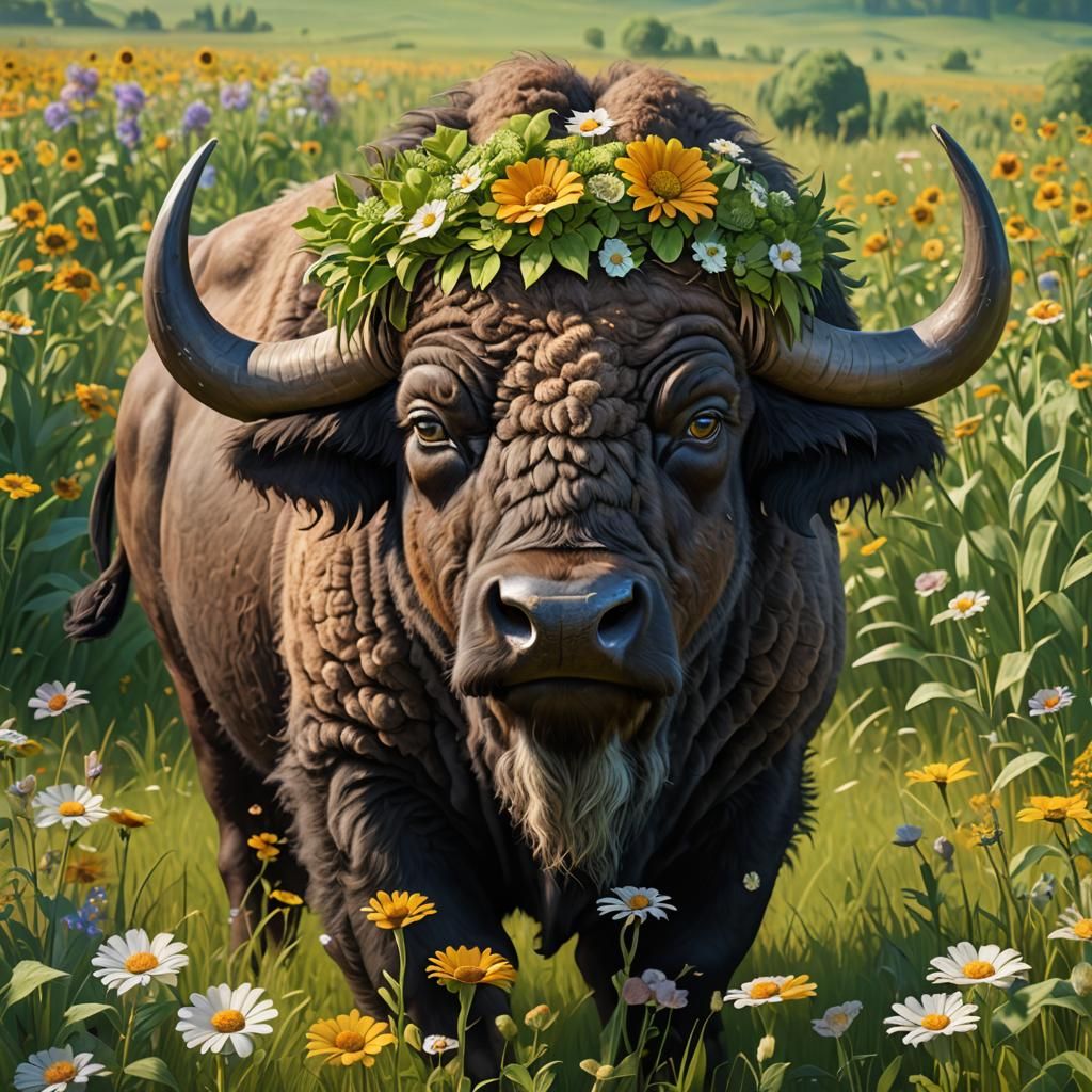 Detailed Buffalo in Sunny Field: 3D Digital Art