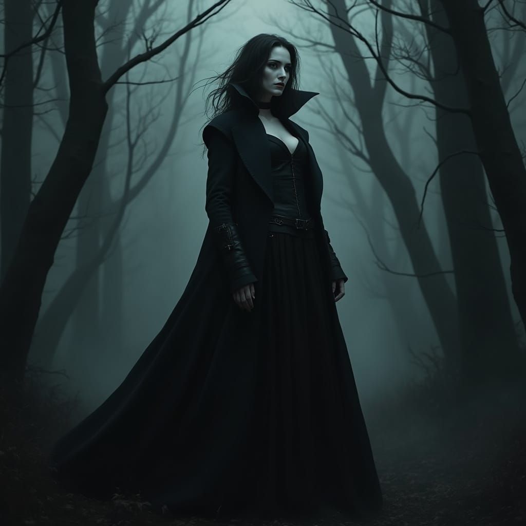 Eerie Vampire in Dark Forest: Horror Art Style