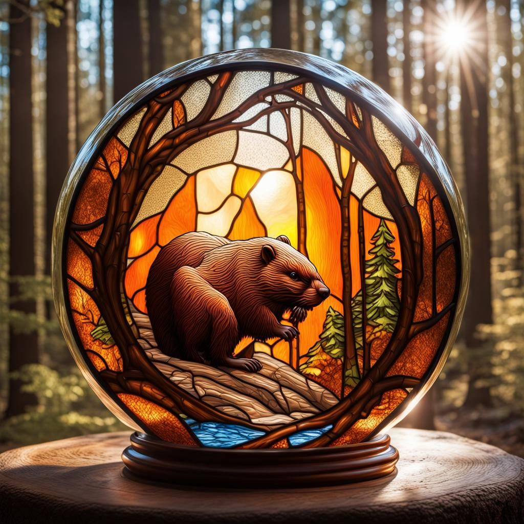 Stained Glass Beaver in Forest Sunlight
