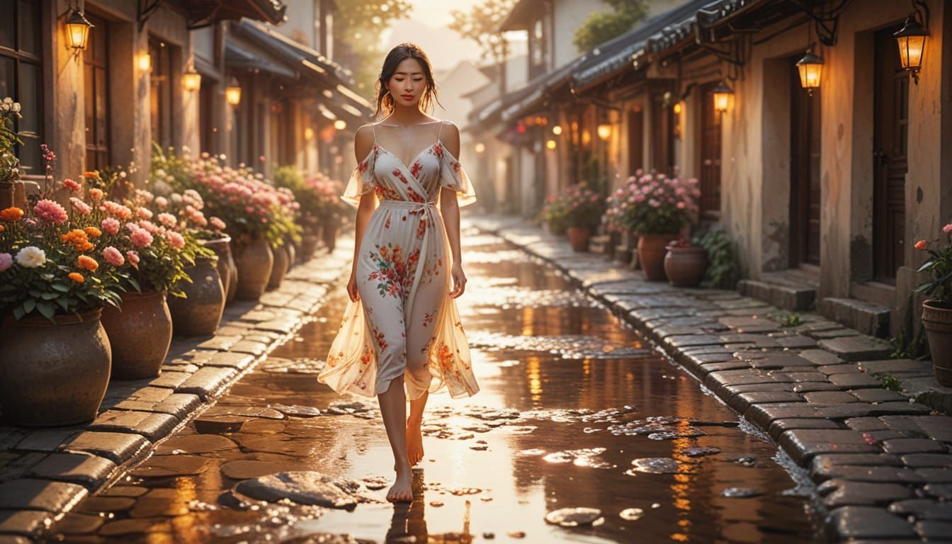 Watercolor Asian Woman on Wet Cobblestone Street