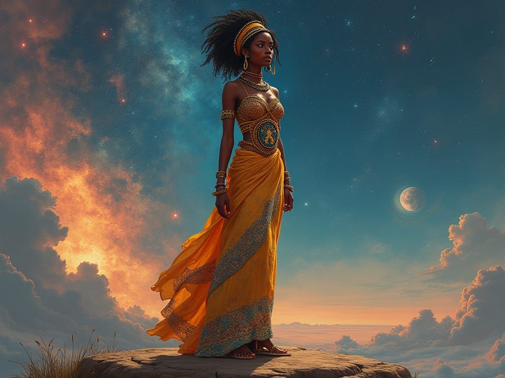 Yoruba Princess Overlooking Nebula in Afrofuturist Style