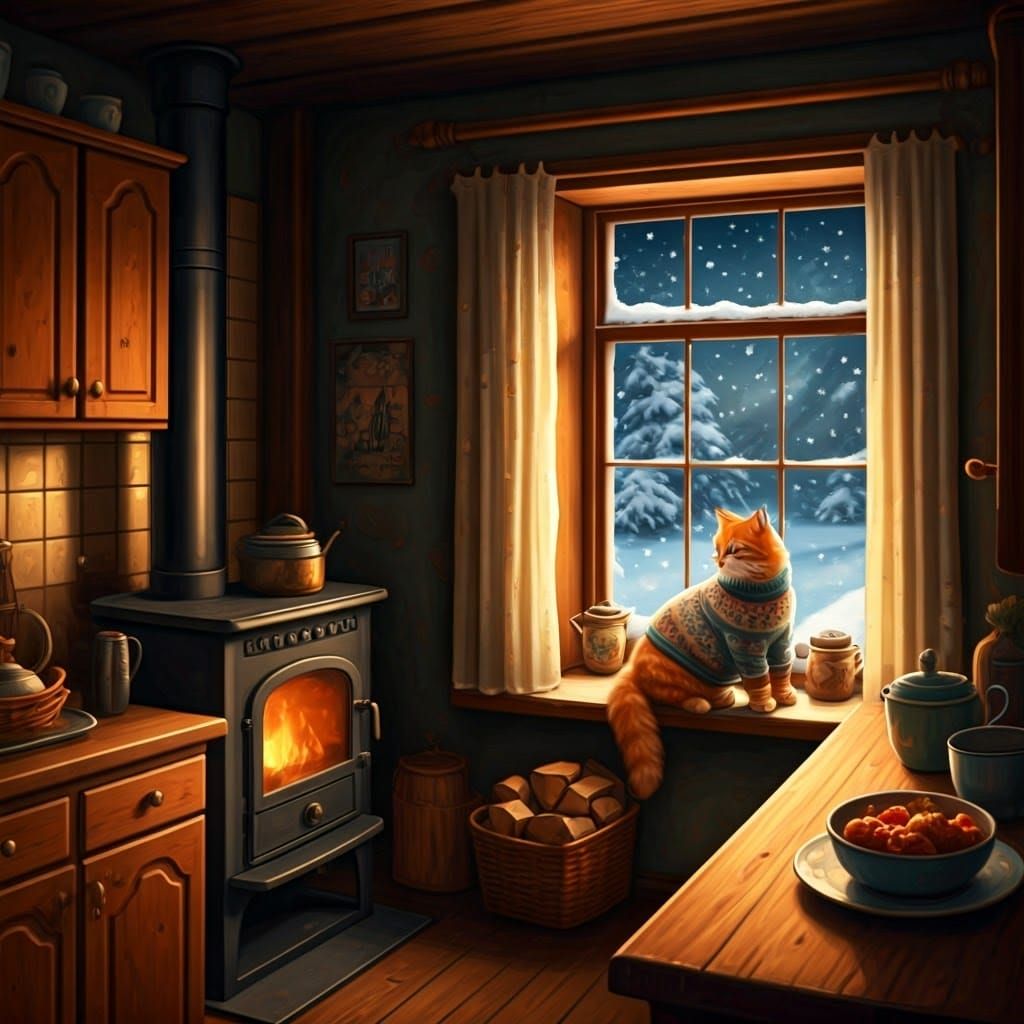 Cozy Cottage Kitchen with Cat, Matte Painting