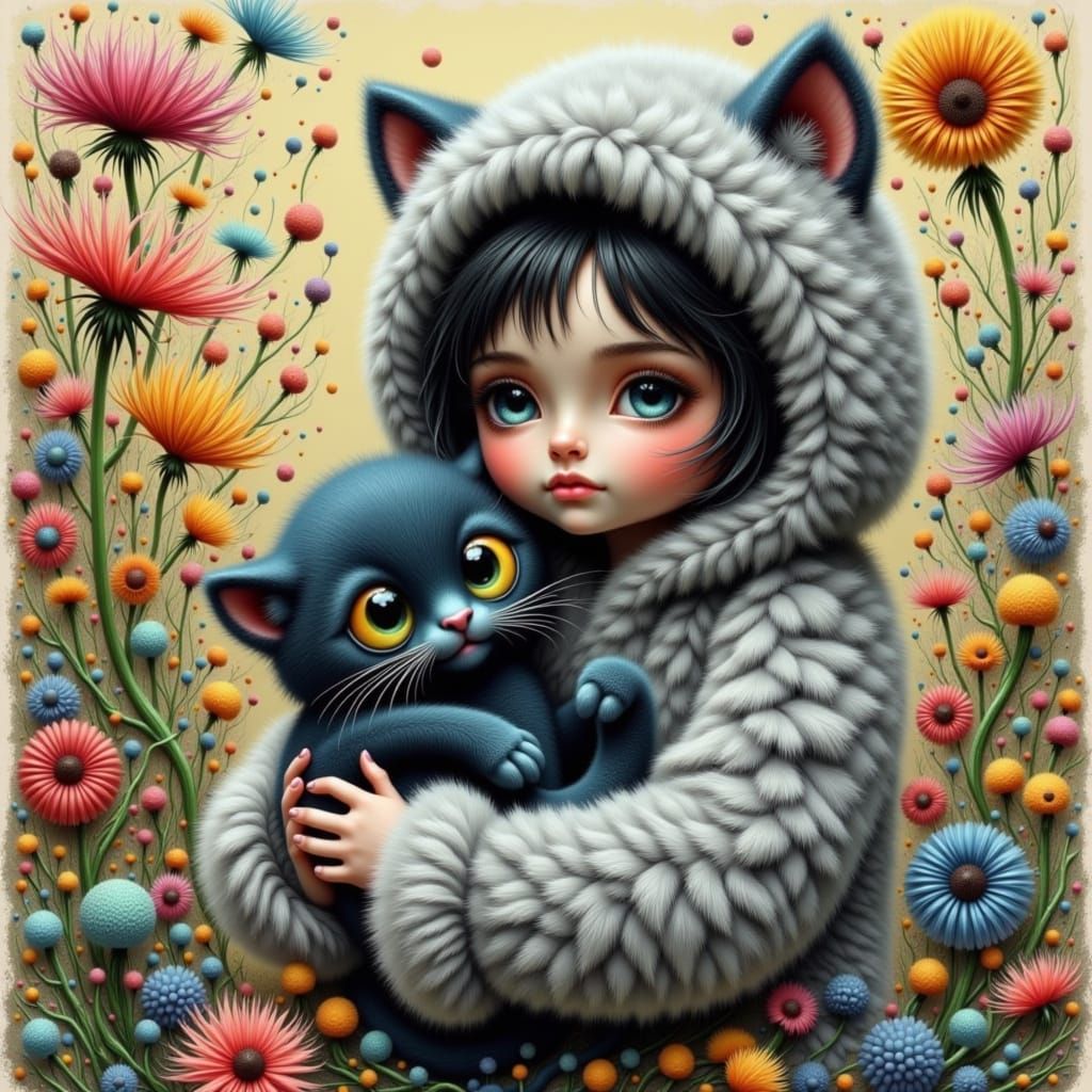 Surreal Woman with Cat in Dreamlike Landscape